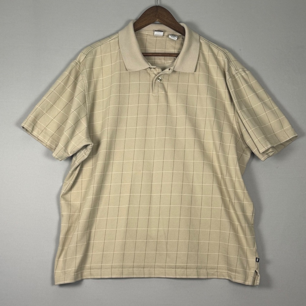 Geoffrey Beene Polo Shirt Men XL Tan Grid Windowpane Excellent Short Sleeve Top
